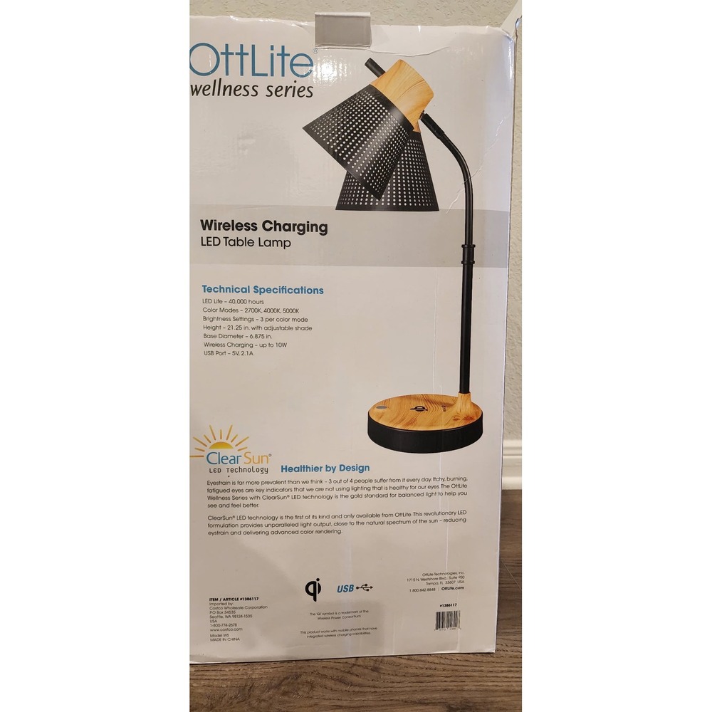 OttLite Wellness Series LED Table Lamp Wireless Charging USB Port Wood Black W5